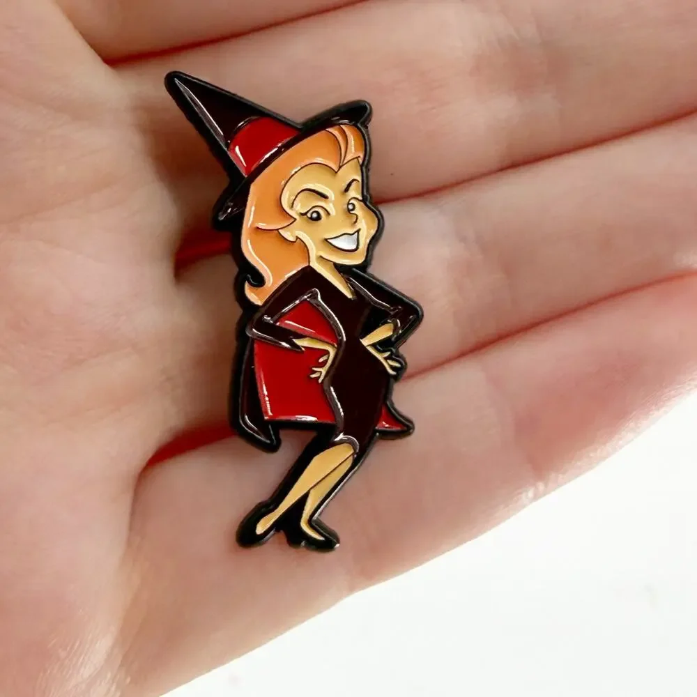 Retro Witch Enamel Pin Red Hat Black Cape Halloween Spooky Vintage Gothic